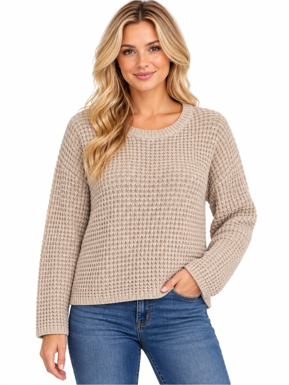 Waffle-Knit Crewneck Sweater in Beige - 1108